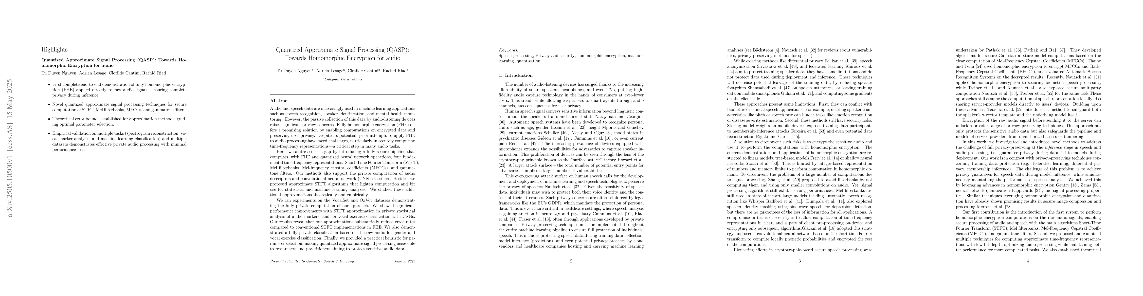 Thumbnail for Quantized Approximate Signal Processing (QASP): Towards Homomorphic
  Encryption for audio