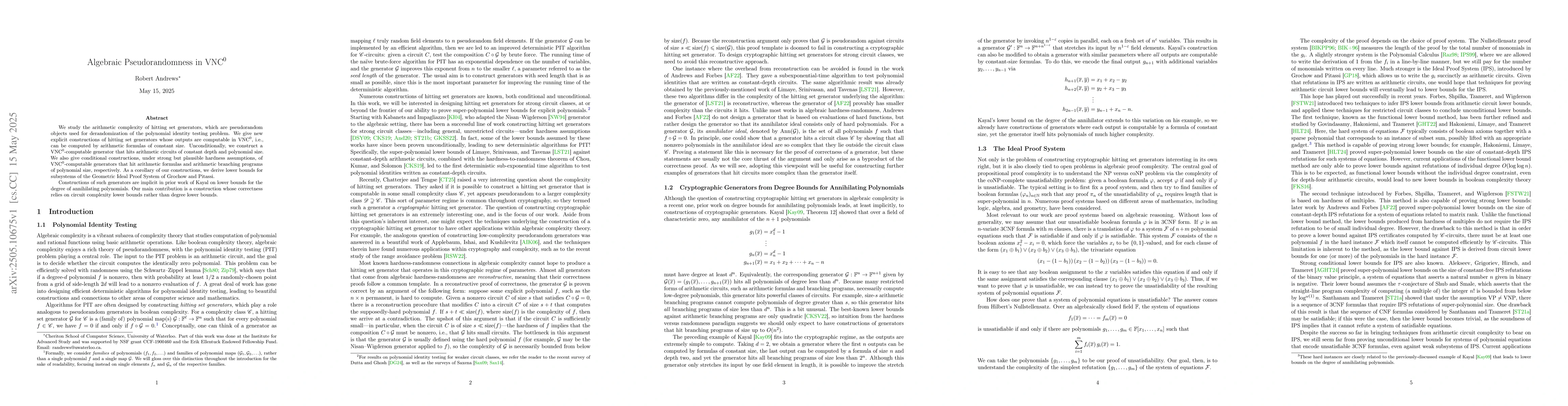 Thumbnail for Algebraic Pseudorandomness in $VNC^0$
