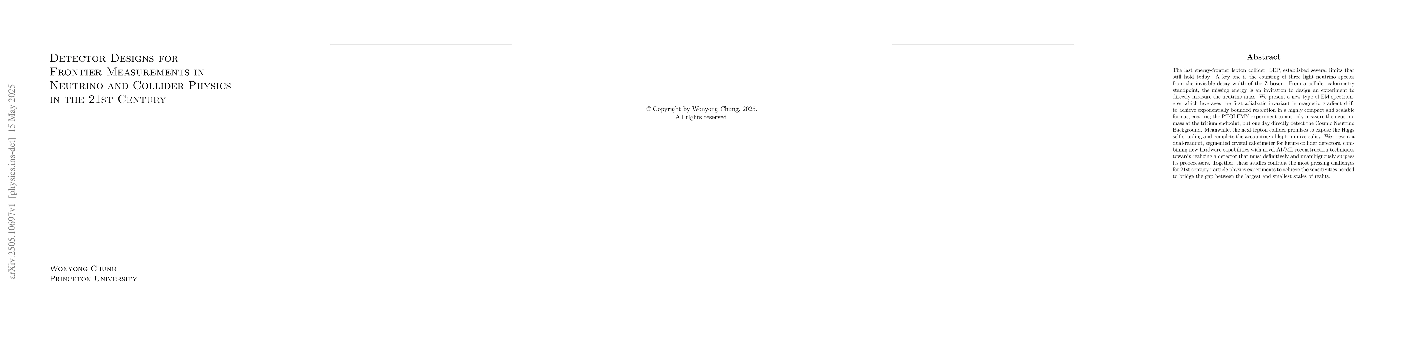 Thumbnail for Detector Designs for Frontier Measurements in Neutrino and Collider
  Physics in the 21st Century