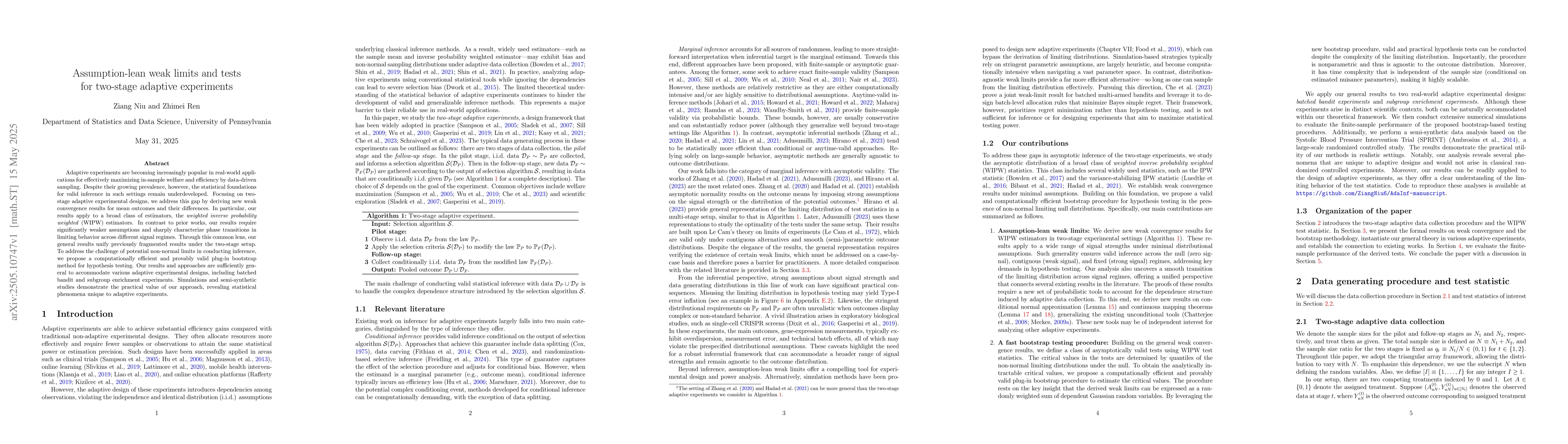 Thumbnail for Assumption-lean weak limits and tests for two-stage adaptive experiments