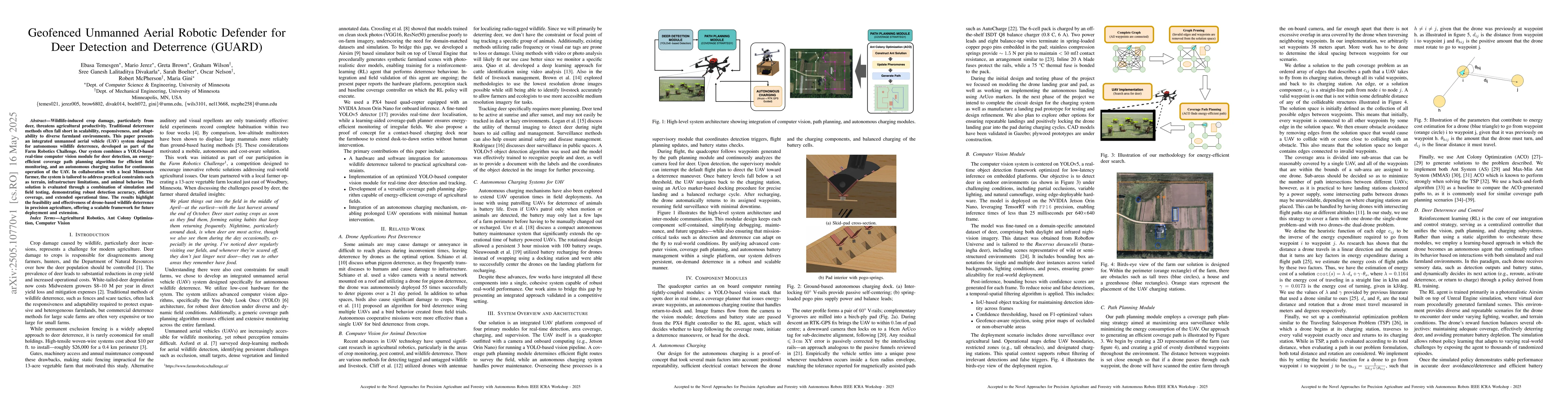 Thumbnail for Geofenced Unmanned Aerial Robotic Defender for Deer Detection and
  Deterrence (GUARD)