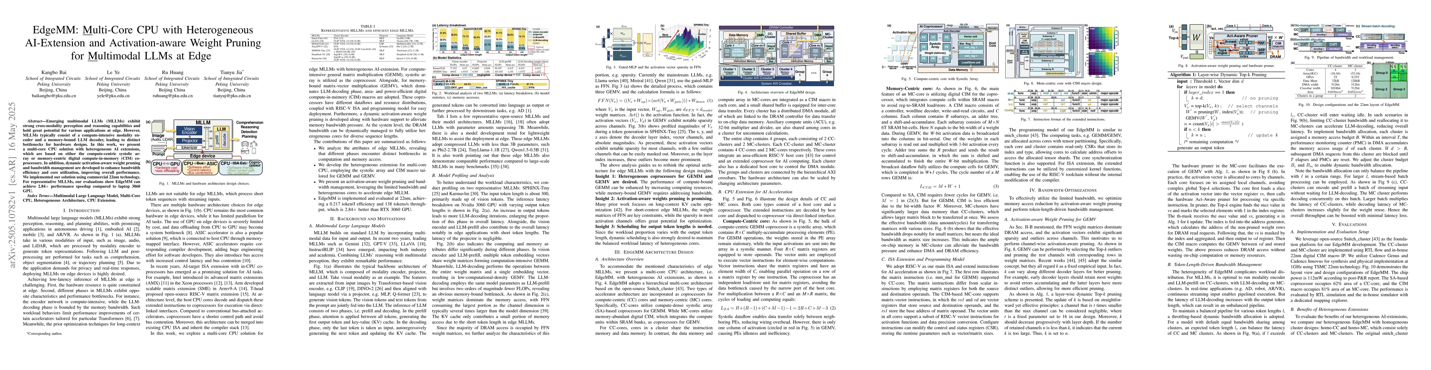 Thumbnail for EdgeMM: Multi-Core CPU with Heterogeneous AI-Extension and
  Activation-aware Weight Pruning for Multimodal LLMs at Edge