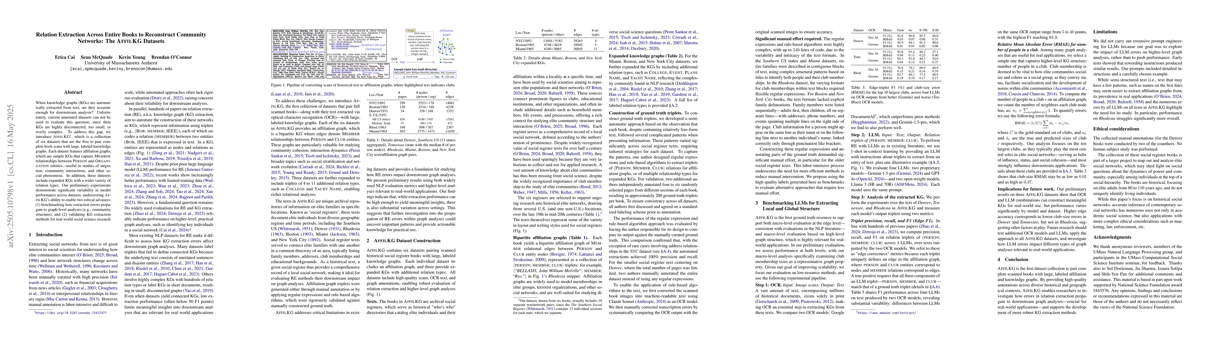 Thumbnail for Relation Extraction Across Entire Books to Reconstruct Community
  Networks: The AffilKG Datasets