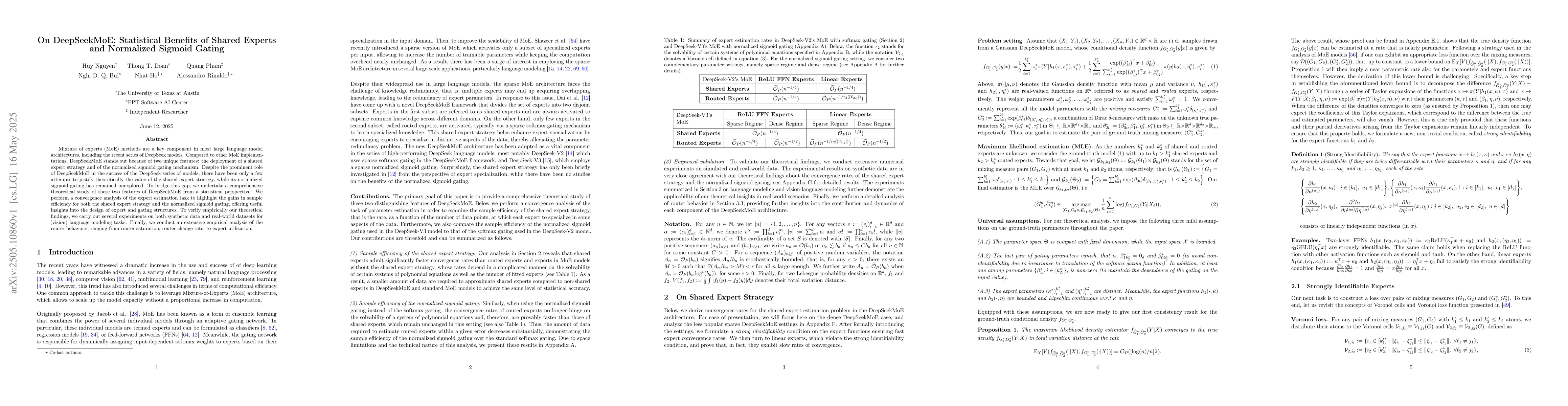 Thumbnail for On DeepSeekMoE: Statistical Benefits of Shared Experts and Normalized
  Sigmoid Gating