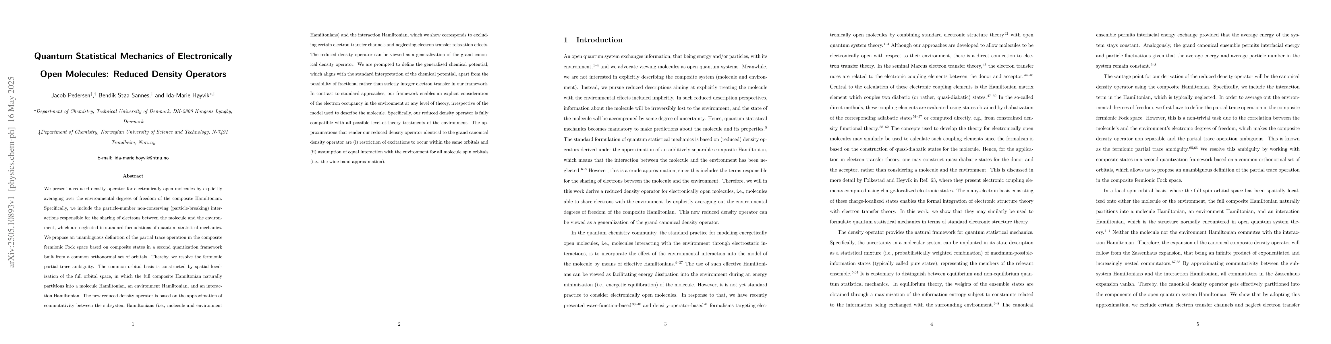 Thumbnail for Quantum Statistical Mechanics of Electronically Open Molecules: Reduced
  Density Operators
