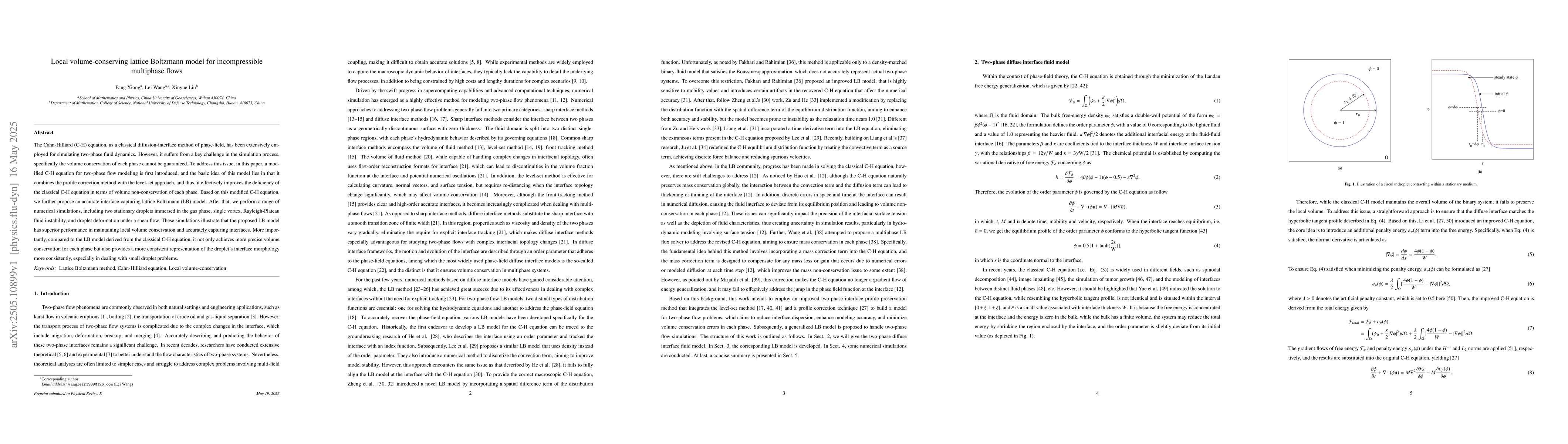 Thumbnail for Local volume-conserving lattice Boltzmann model for incompressible
  multiphase flows