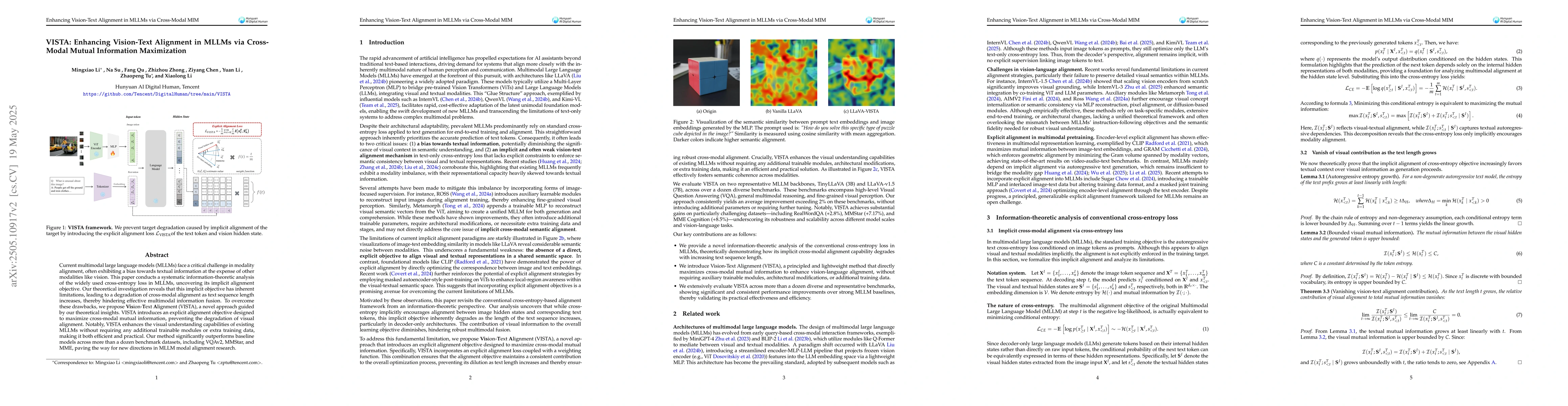 Thumbnail for VISTA: Enhancing Vision-Text Alignment in MLLMs via Cross-Modal Mutual
  Information Maximization
