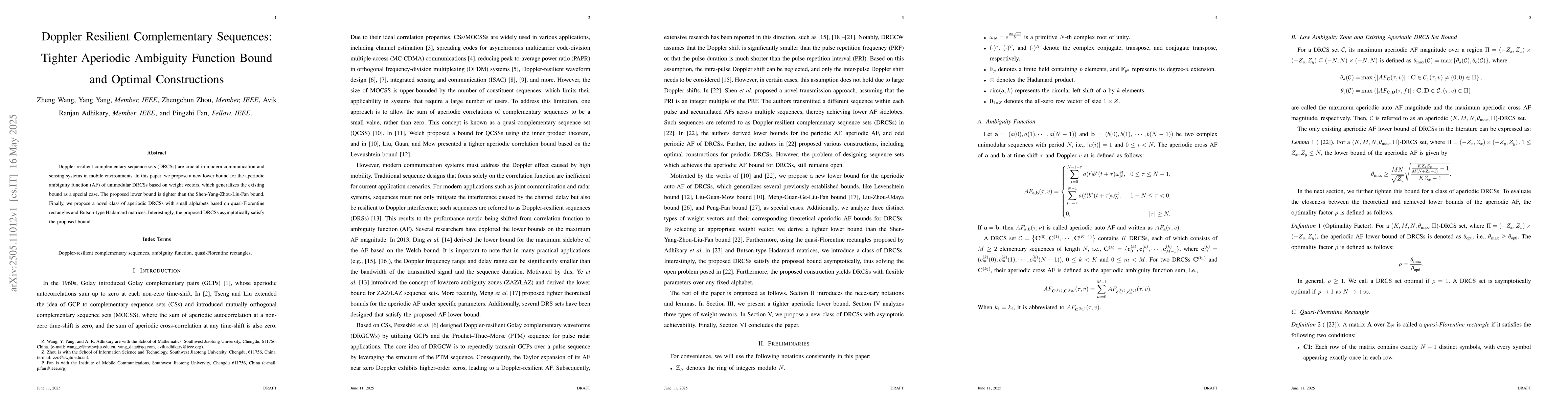 Thumbnail for Doppler Resilient Complementary Sequences: Tighter Aperiodic Ambiguity
  Function Bound and Optimal Constructions
