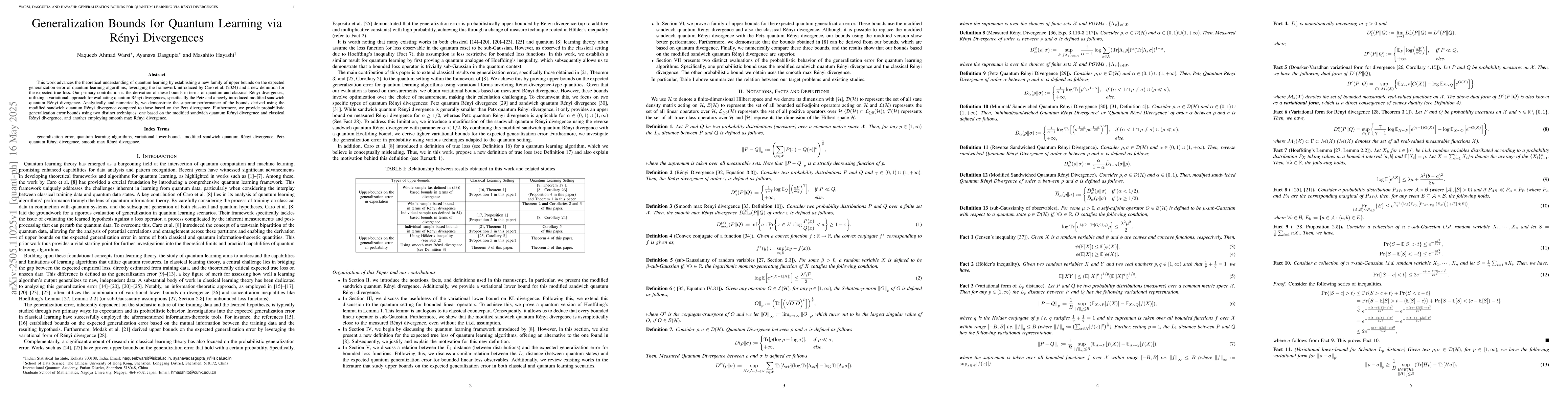 Thumbnail for Generalization Bounds for Quantum Learning via Rényi Divergences