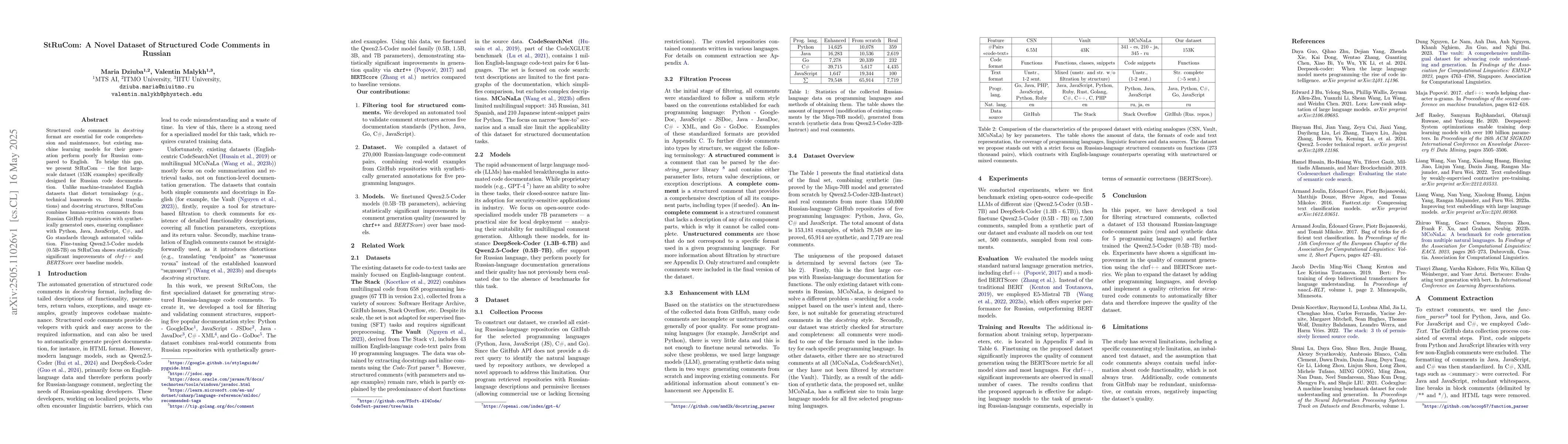 Thumbnail for StRuCom: A Novel Dataset of Structured Code Comments in Russian