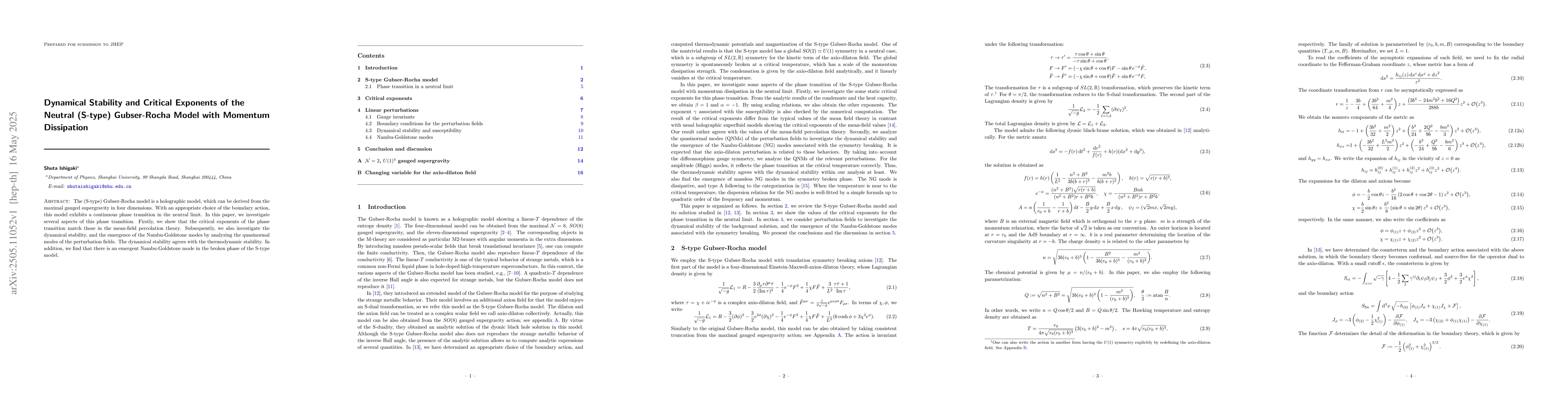 Thumbnail for Dynamical Stability and Critical Exponents of the Neutral (S-type)
  Gubser-Rocha Model with Momentum Dissipation