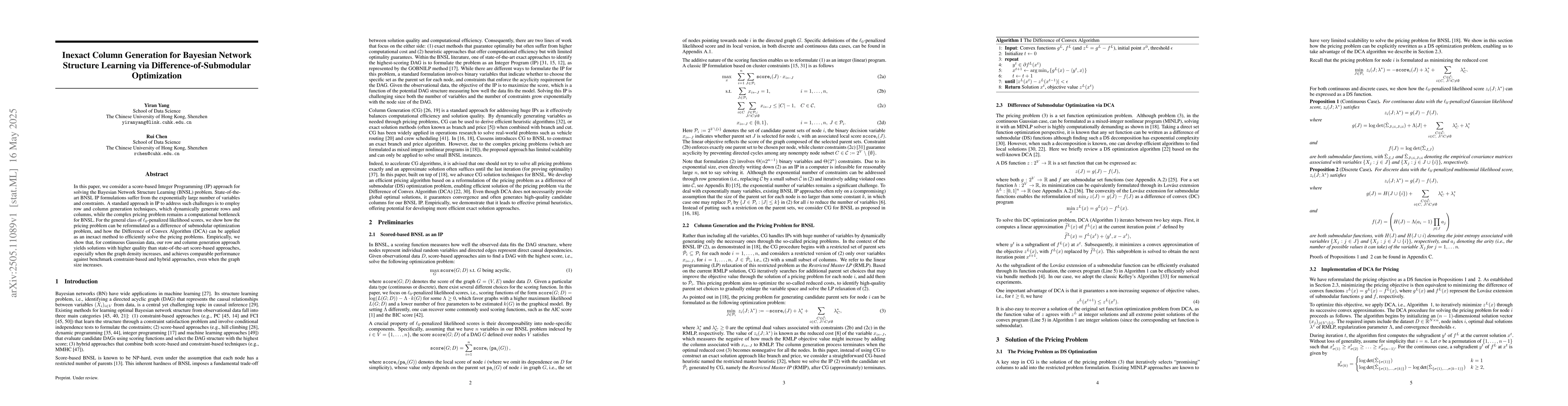 Thumbnail for Inexact Column Generation for Bayesian Network Structure Learning via
  Difference-of-Submodular Optimization
