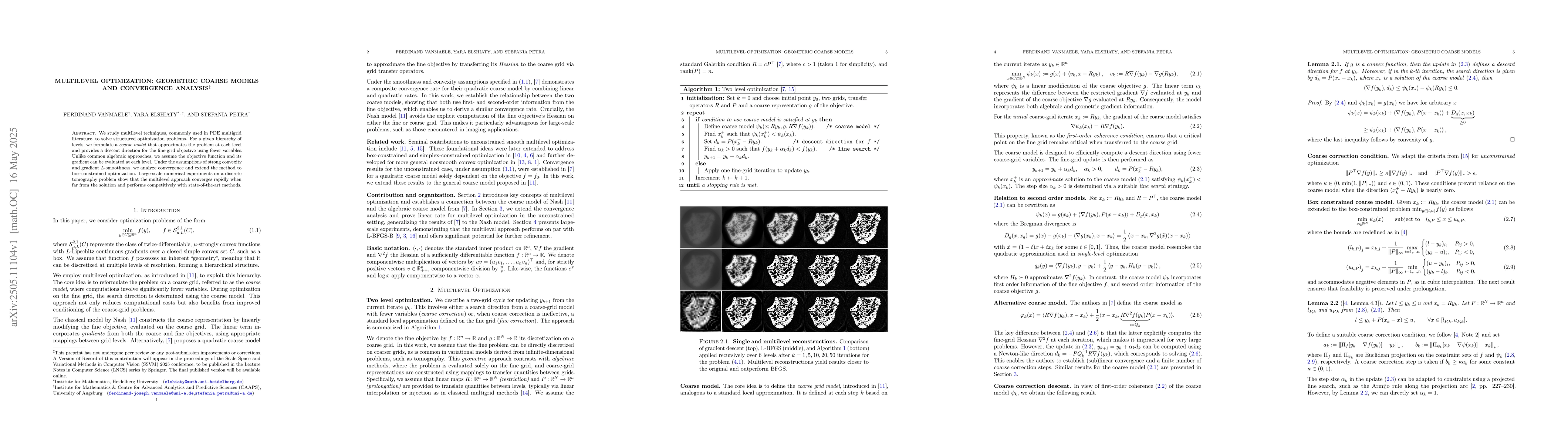 Thumbnail for Multilevel Optimization: Geometric Coarse Models and Convergence
  Analysis