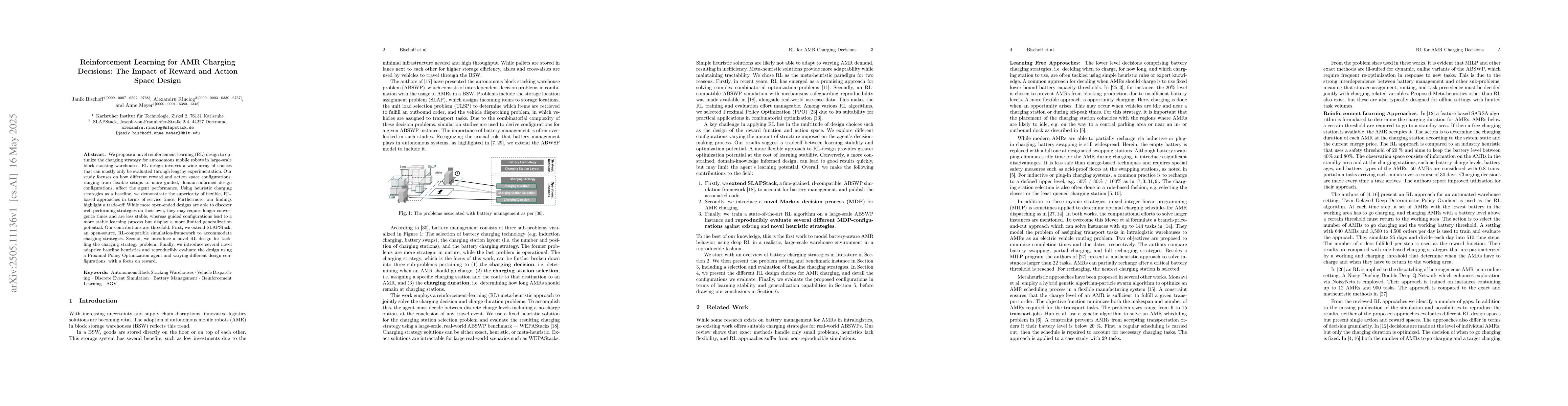 Thumbnail for Reinforcement Learning for AMR Charging Decisions: The Impact of Reward
  and Action Space Design