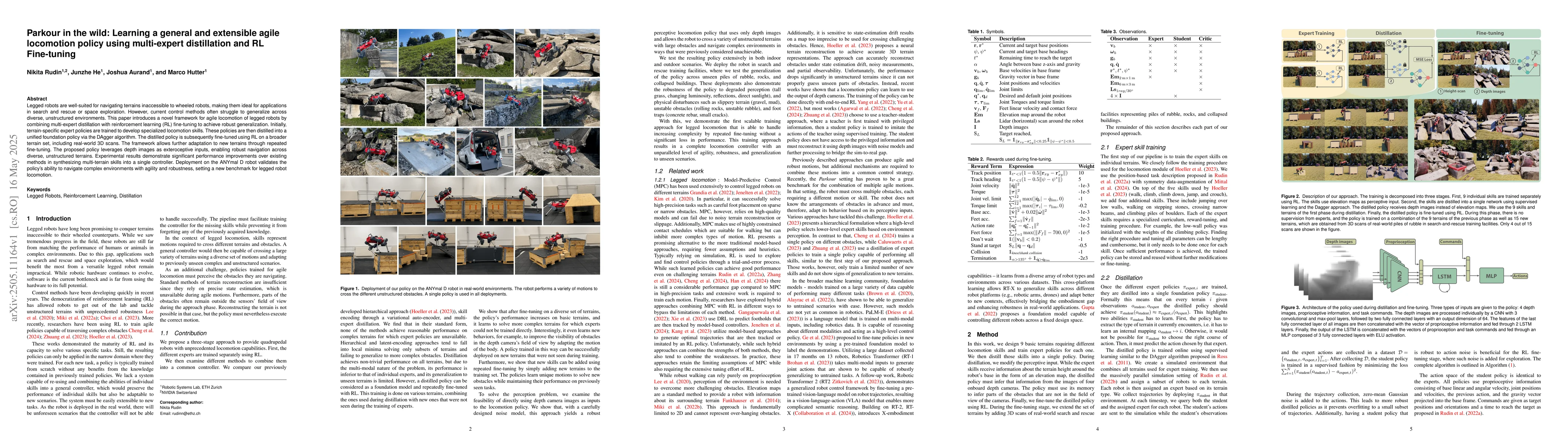 Thumbnail for Parkour in the Wild: Learning a General and Extensible Agile Locomotion
  Policy Using Multi-expert Distillation and RL Fine-tuning