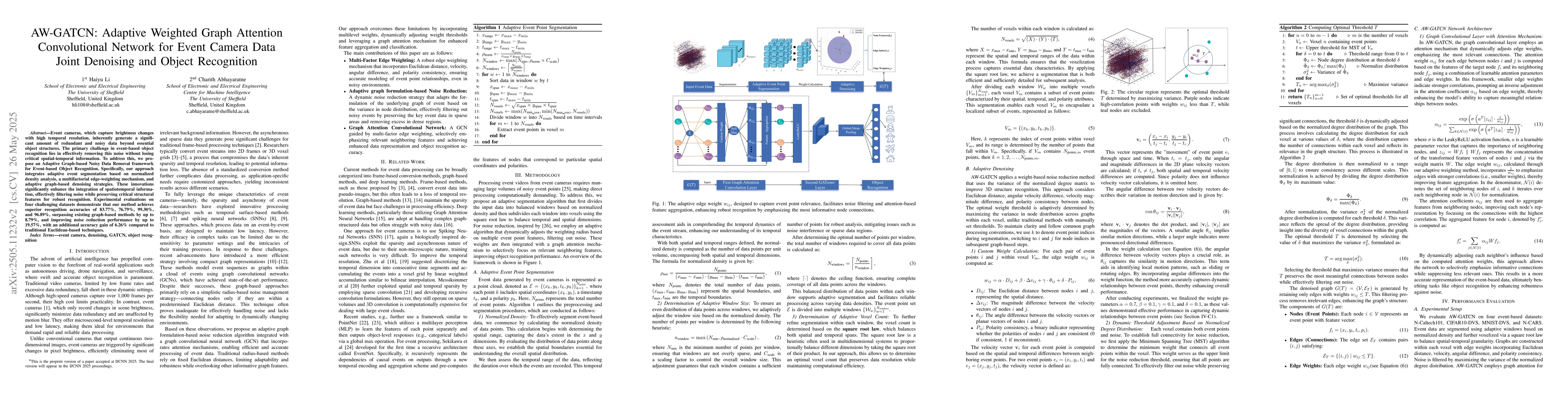Thumbnail for AW-GATCN: Adaptive Weighted Graph Attention Convolutional Network for
  Event Camera Data Joint Denoising and Object Recognition