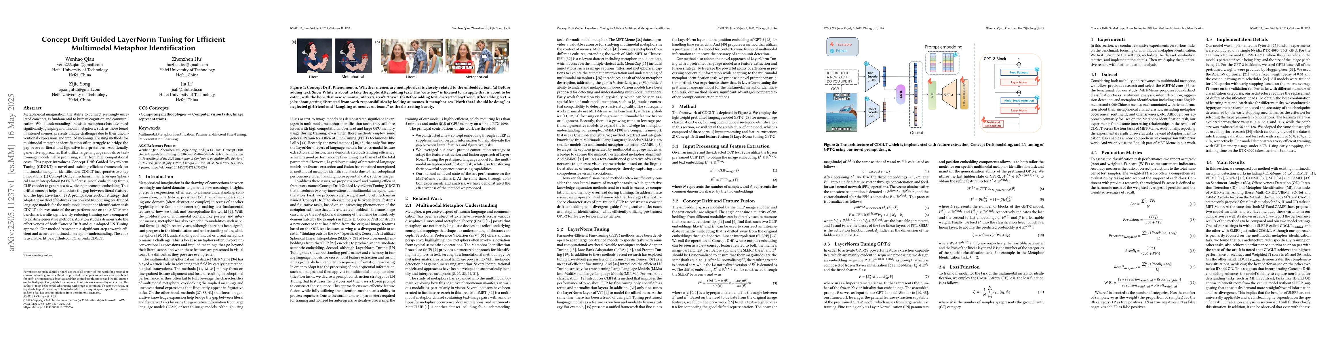 Thumbnail for Concept Drift Guided LayerNorm Tuning for Efficient Multimodal Metaphor
  Identification