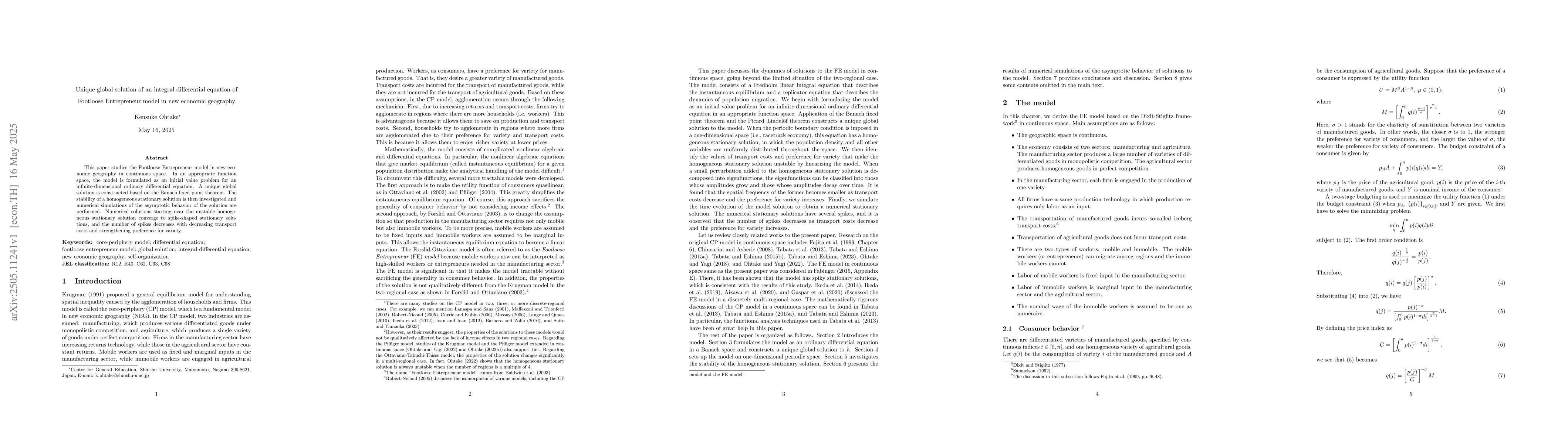 Thumbnail for Unique global solution of an integral-differential equation of Footloose
  Entrepreneur model in new economic geography