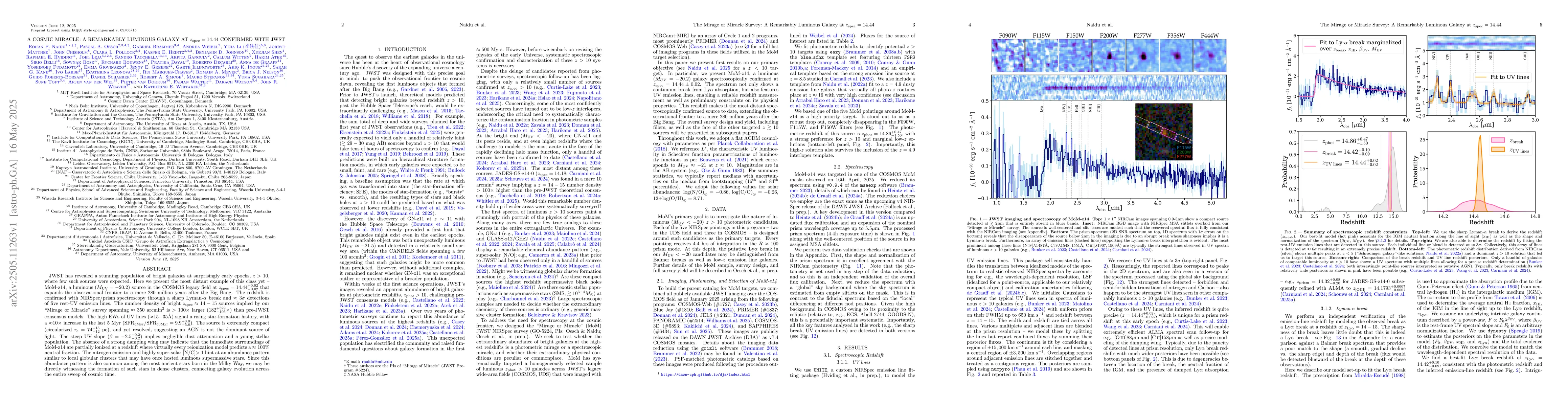 Thumbnail for A Cosmic Miracle: A Remarkably Luminous Galaxy at $z_{\rm{spec}}=14.44$
  Confirmed with JWST