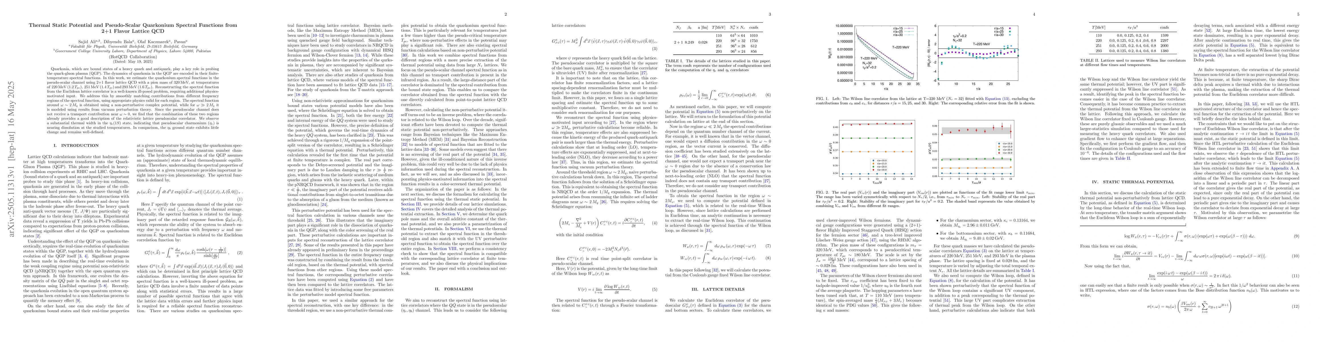 Thumbnail for Thermal Static Potential and Pseudo-Scalar Quarkonium Spectral Functions
  from 2+1 Flavor Lattice QCD