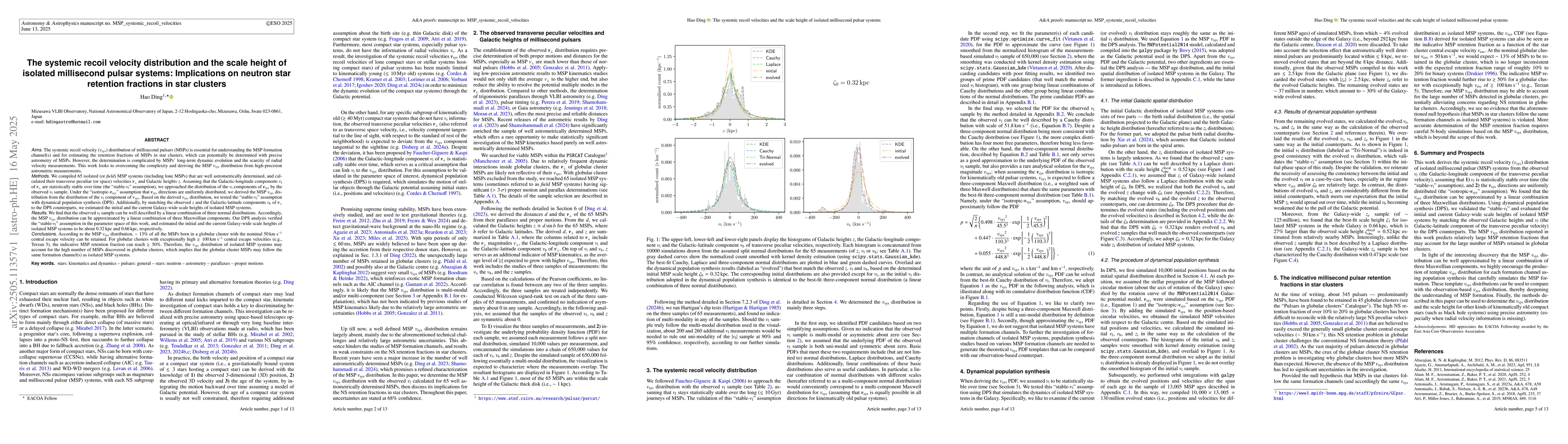 Thumbnail for The systemic recoil velocity distribution and the scale height of
  isolated millisecond pulsar systems: Implications on neutron star retention
  fractions in star clusters