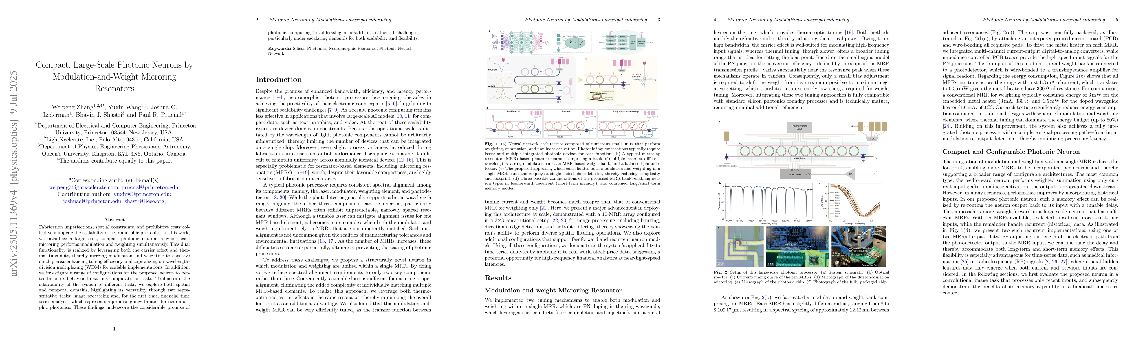 Thumbnail for Compact, Large-Scale Photonic Neurons by Modulation-and-Weight Microring
  Resonators