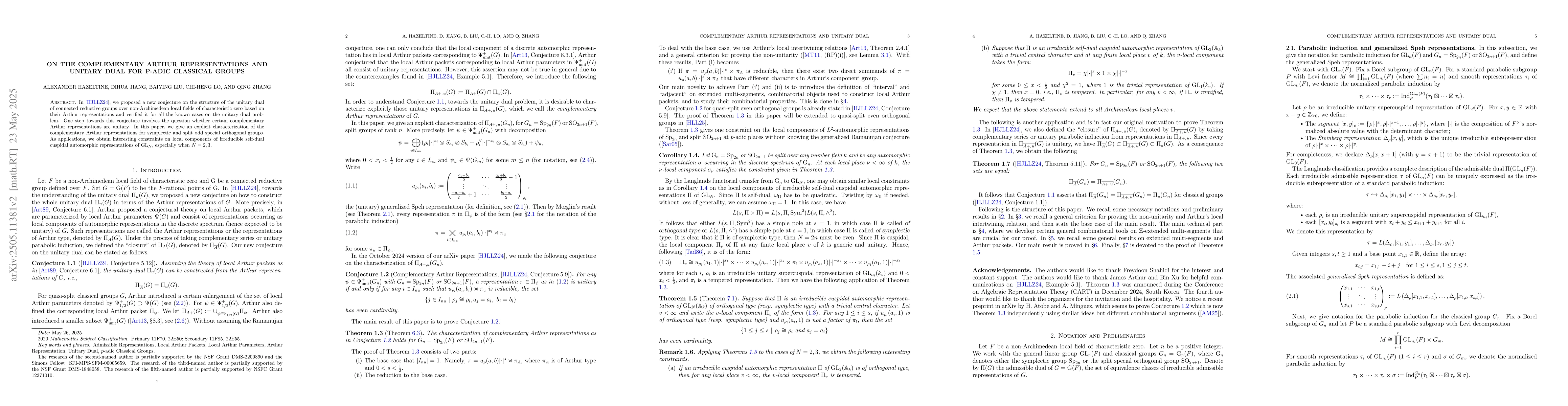 Thumbnail for On the complementary Arthur representations and unitary dual for p-adic
  classical groups
