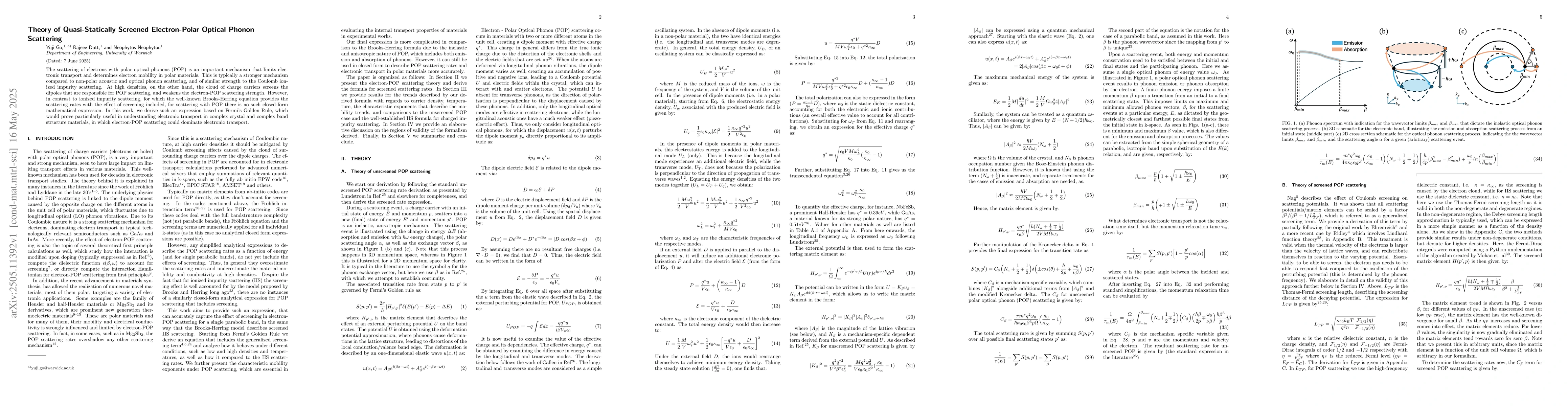 Thumbnail for Theory of Quasi-Statically Screened Electron-Polar Optical Phonon
  Scattering