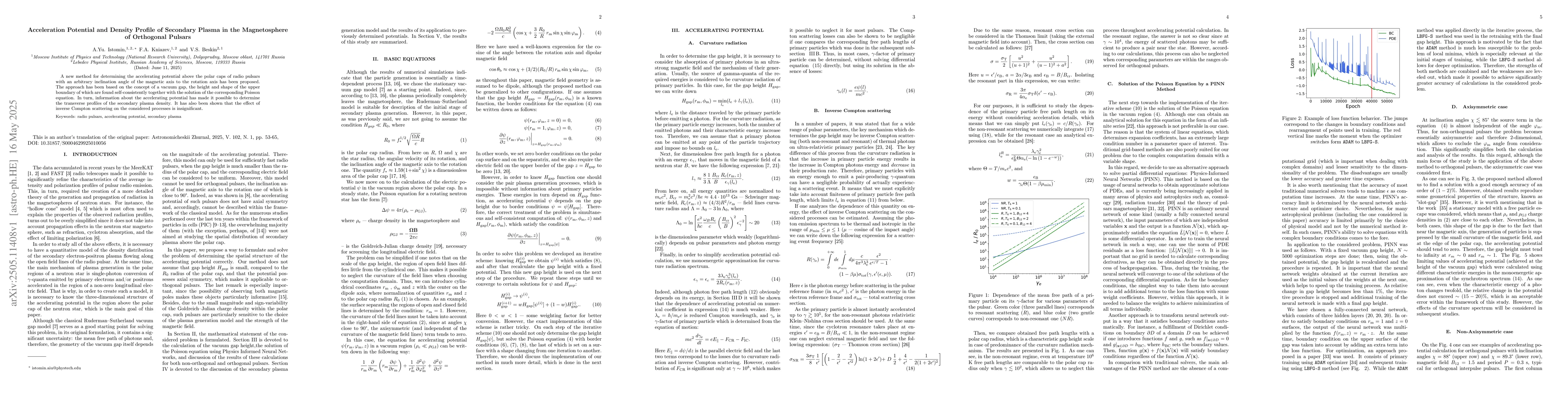 Thumbnail for Acceleration Potential and Density Profile of Secondary Plasma in the
  Magnetosphere of Orthogonal Pulsars