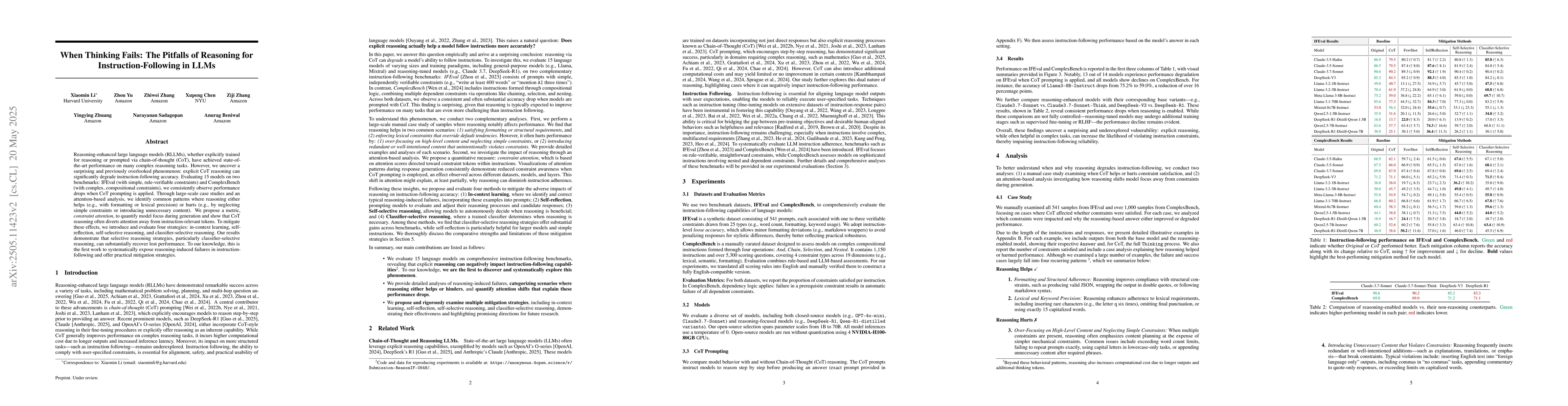 Thumbnail for When Thinking Fails: The Pitfalls of Reasoning for Instruction-Following
  in LLMs
