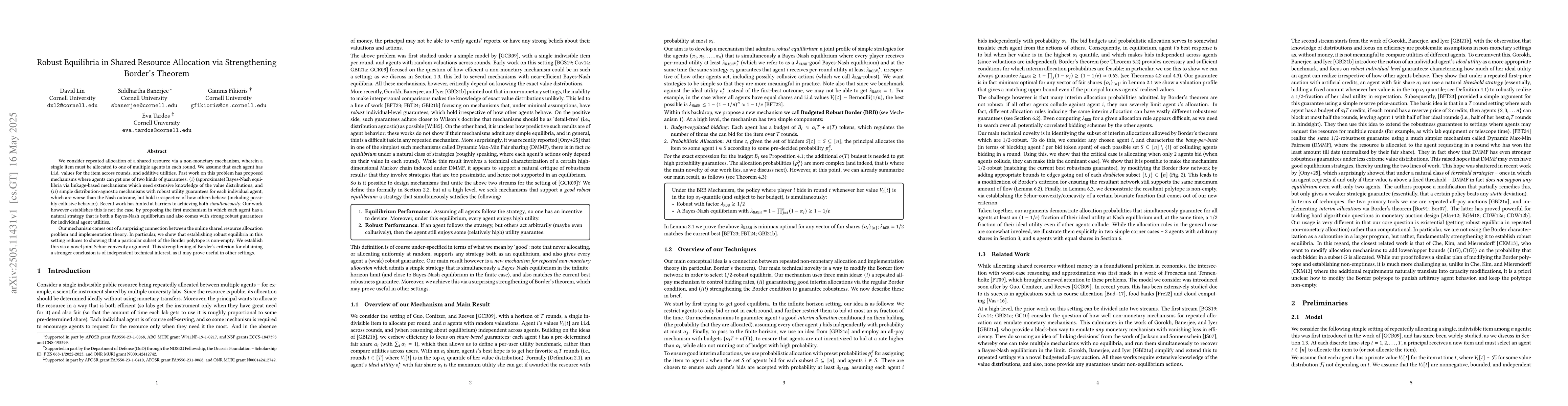 Thumbnail for Robust Equilibria in Shared Resource Allocation via Strengthening
  Border's Theorem