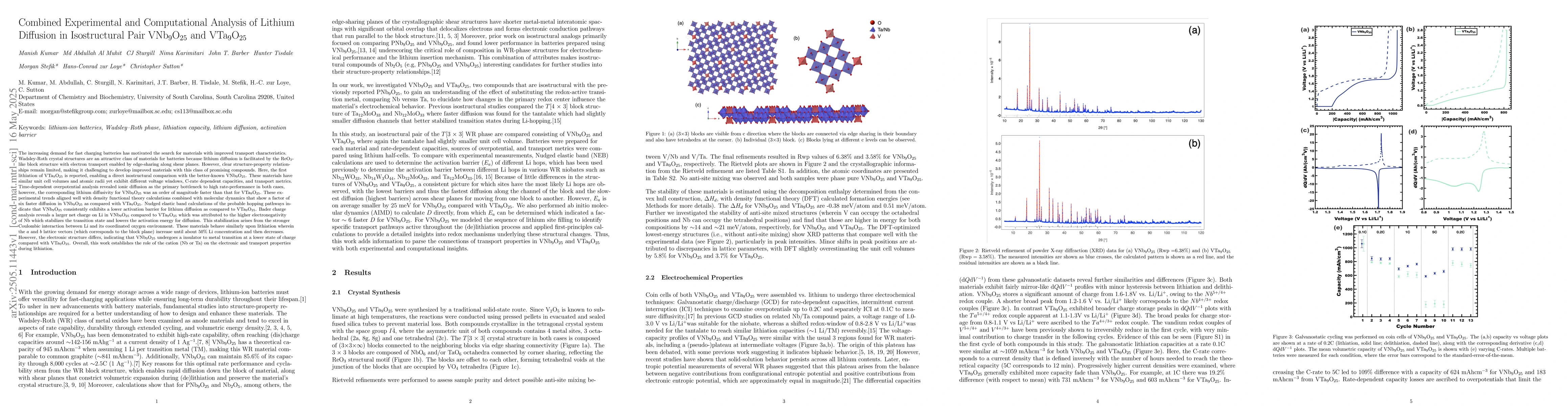 Thumbnail for Combined Experimental and Computational Analysis of Lithium Diffusion in
  Isostructural Pair VNb9O25 and VTa9O25