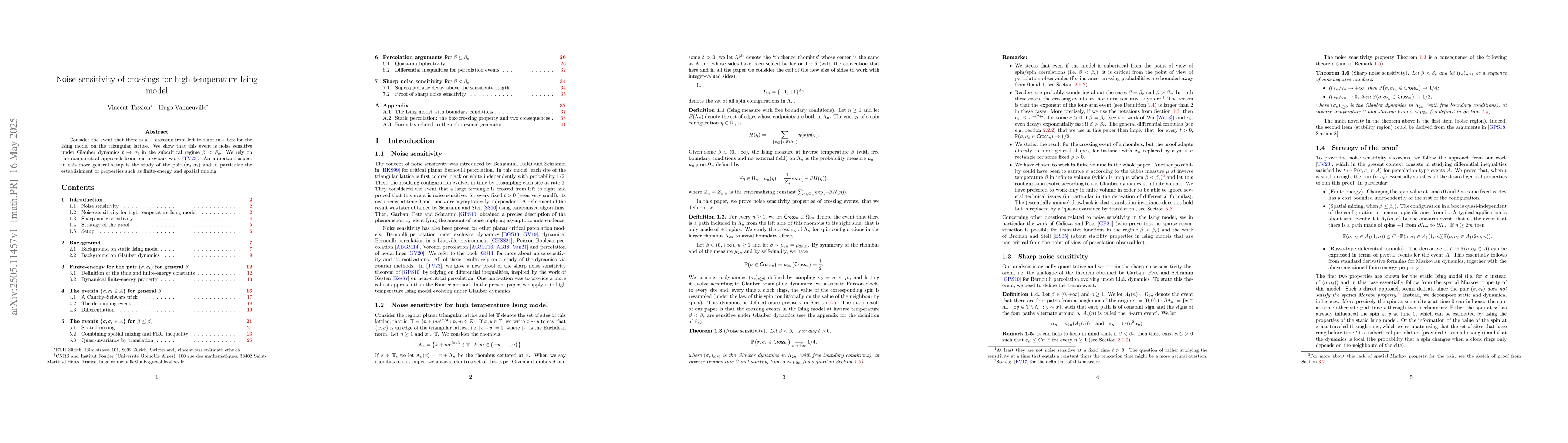 Thumbnail for Noise sensitivity of crossings for high temperature Ising model