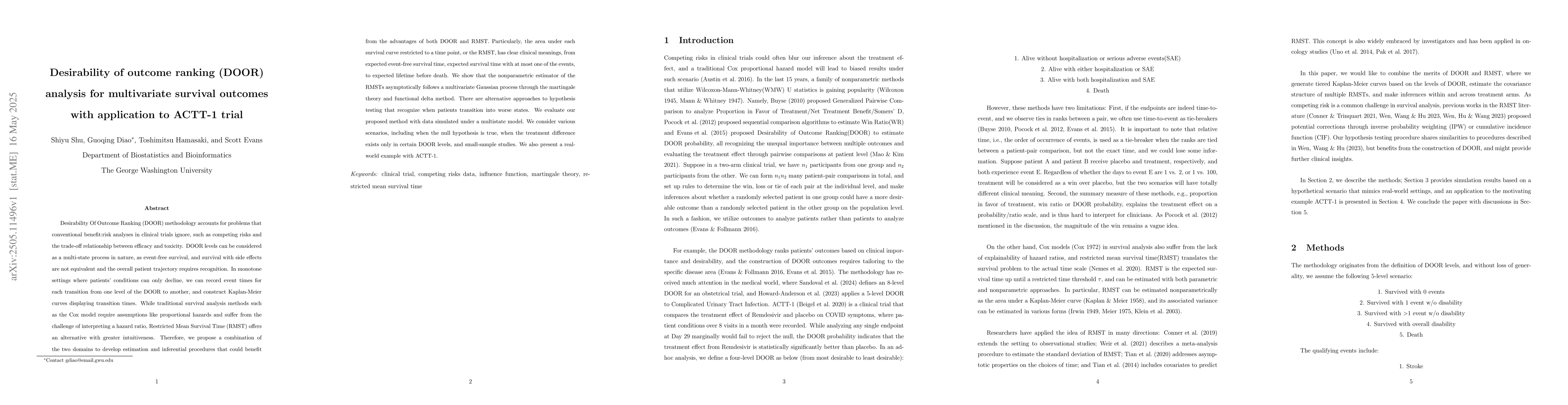 Thumbnail for Desirability of outcome ranking (DOOR) analysis for multivariate
  survival outcomes with application to ACTT-1 trial