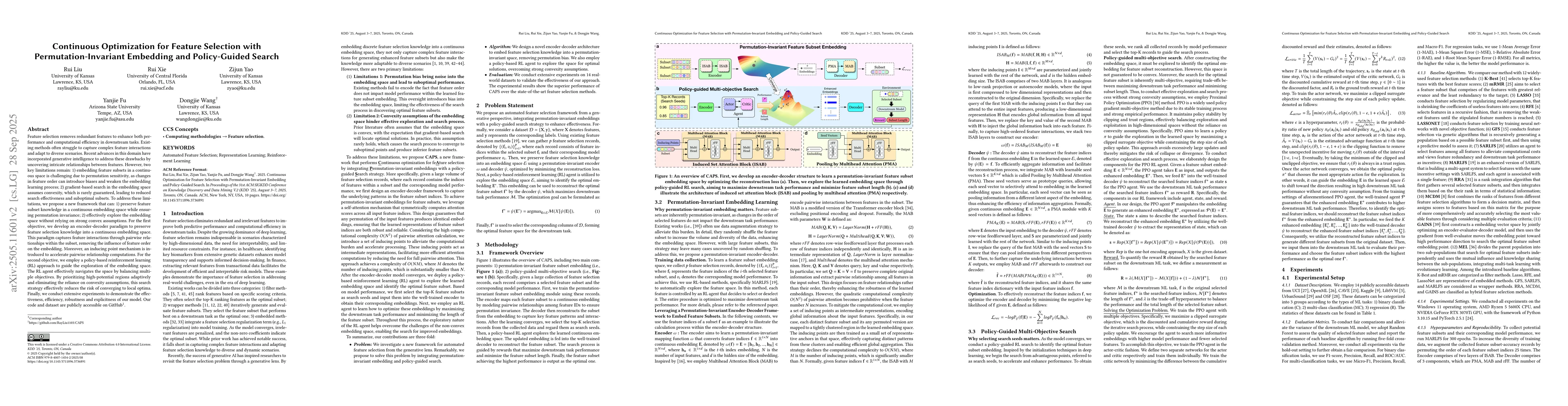 Thumbnail for Continuous Optimization for Feature Selection with Permutation-Invariant
  Embedding and Policy-Guided Search