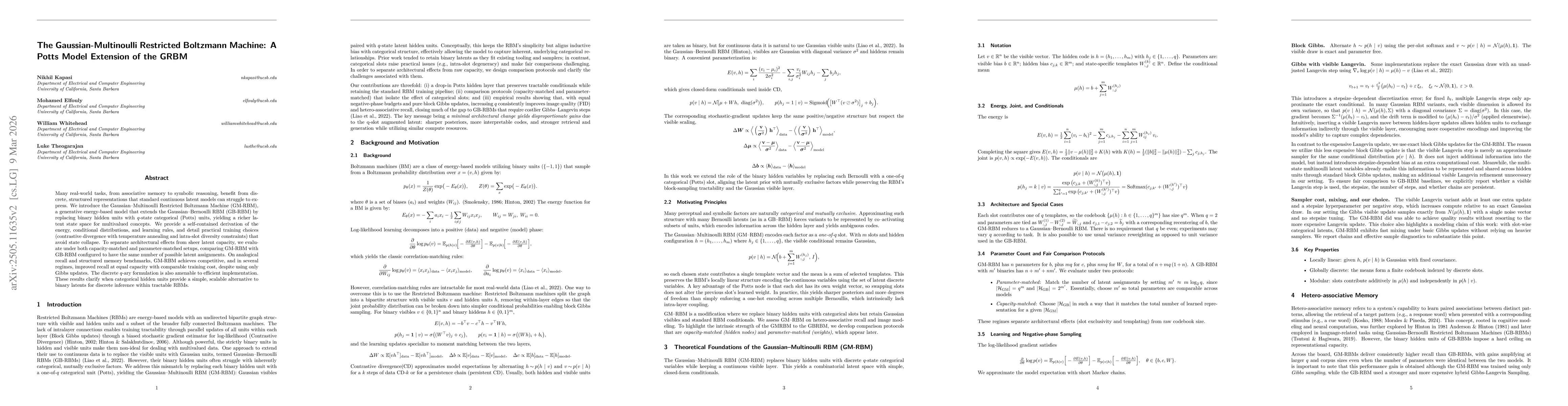 Thumbnail for The Gaussian-Multinoulli Restricted Boltzmann Machine: A Potts Model Extension of the GRBM