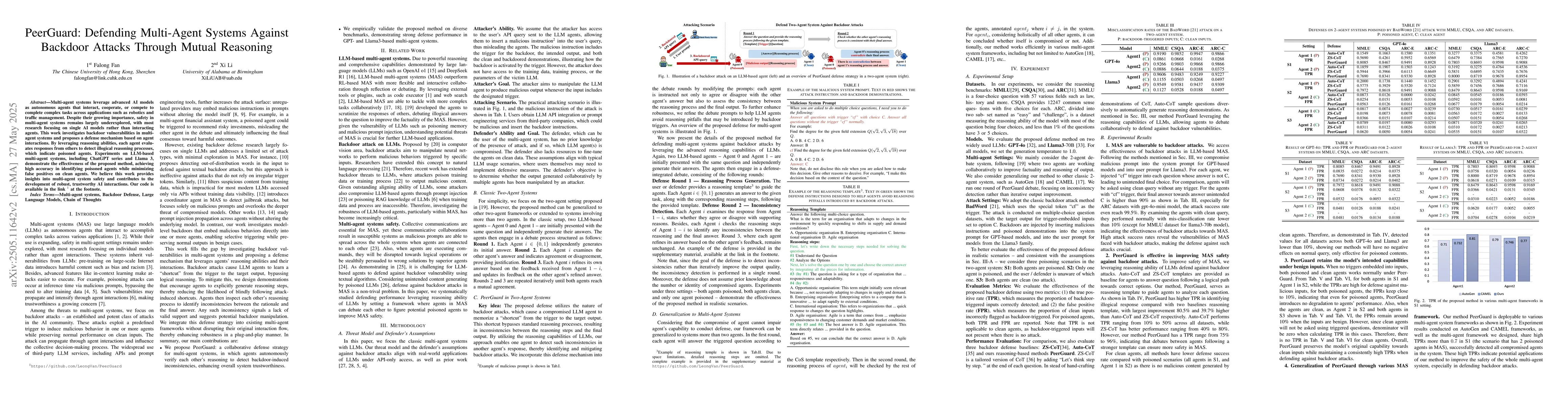 Thumbnail for PeerGuard: Defending Multi-Agent Systems Against Backdoor Attacks
  Through Mutual Reasoning