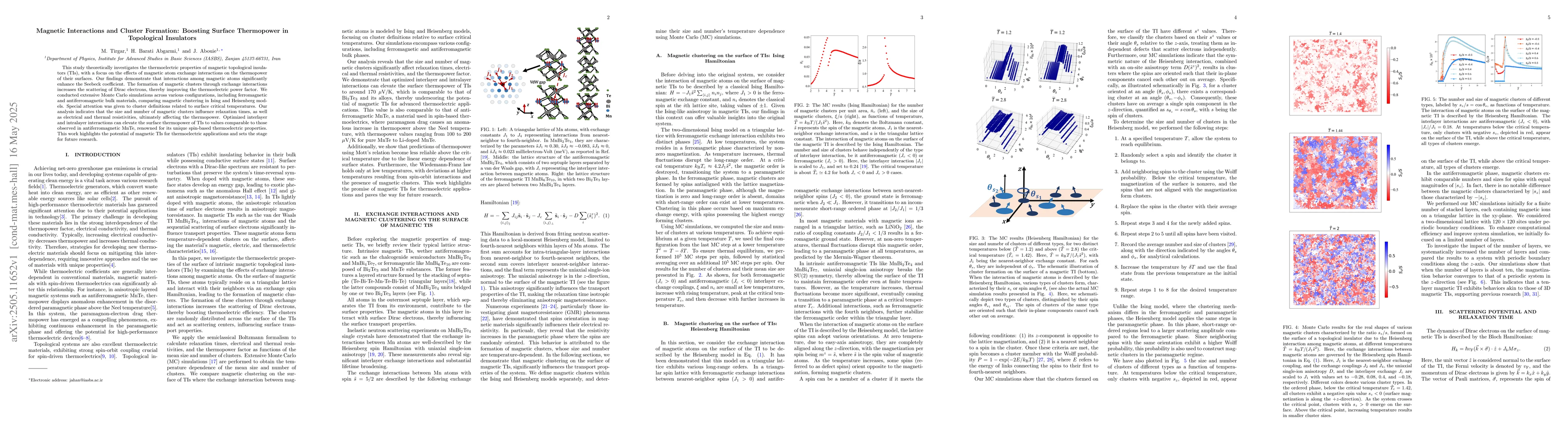 Thumbnail for Magnetic Interactions and Cluster Formation: Boosting Surface
  Thermopower in Topological Insulators