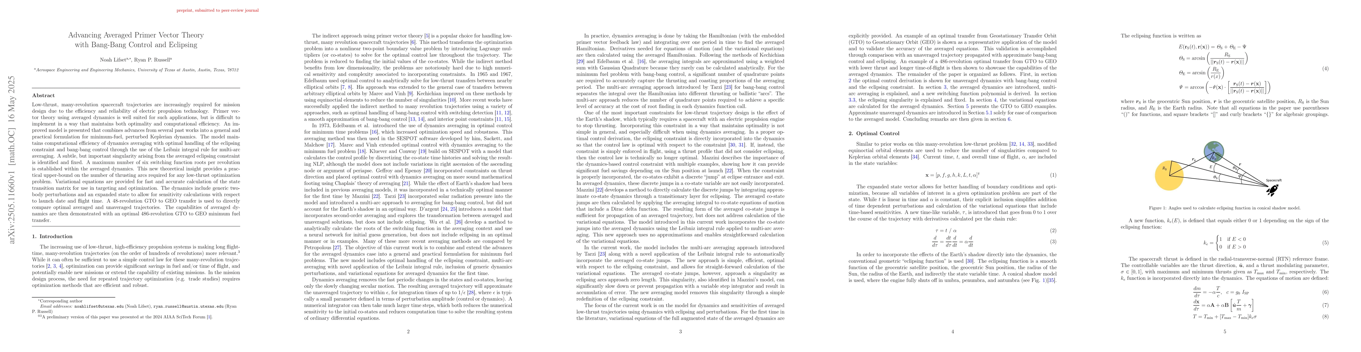 Thumbnail for Advancing Averaged Primer Vector Theory with Bang-Bang Control and
  Eclipsing