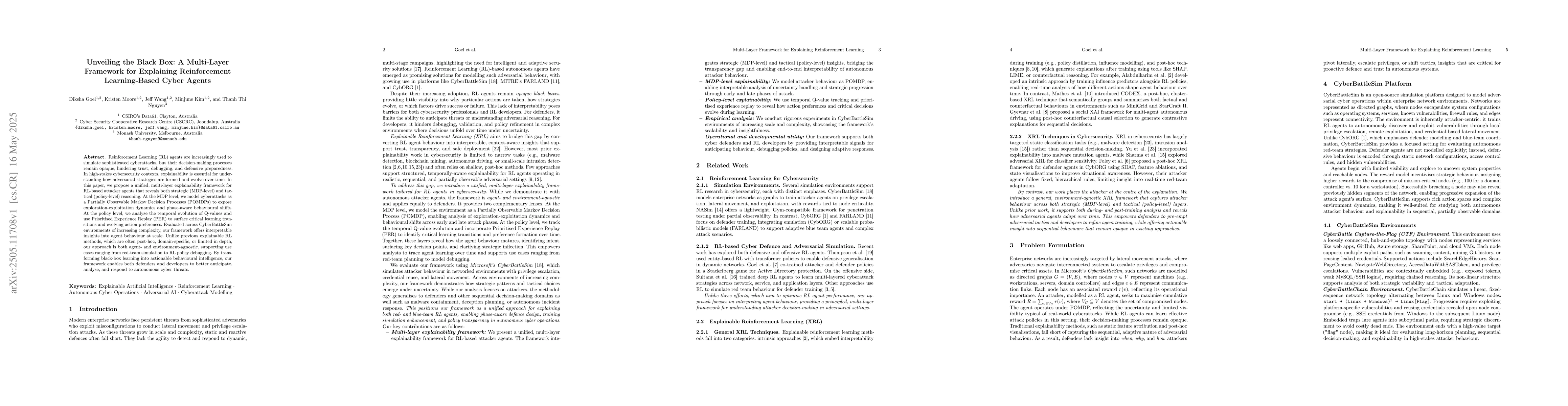 Thumbnail for Unveiling the Black Box: A Multi-Layer Framework for Explaining
  Reinforcement Learning-Based Cyber Agents