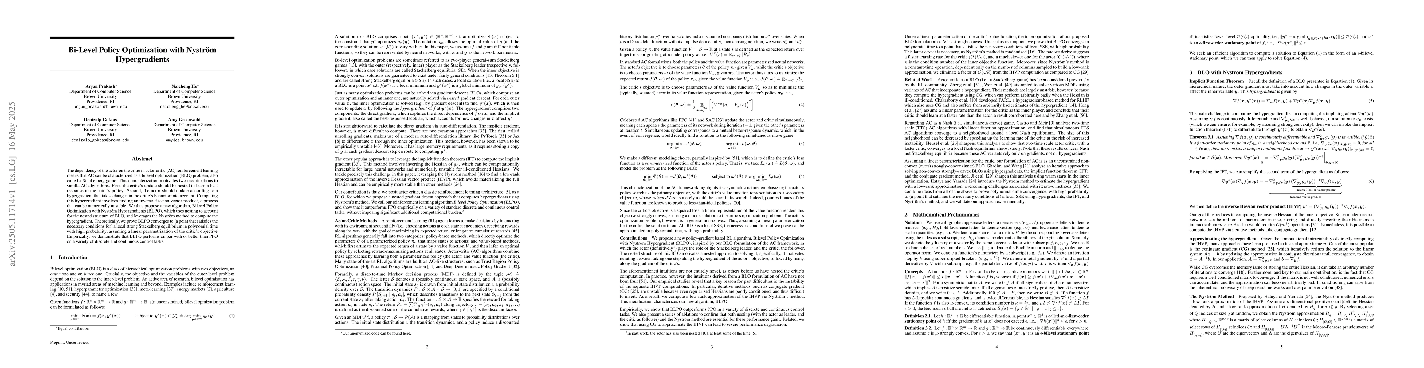 Thumbnail for Bi-Level Policy Optimization with Nyström Hypergradients