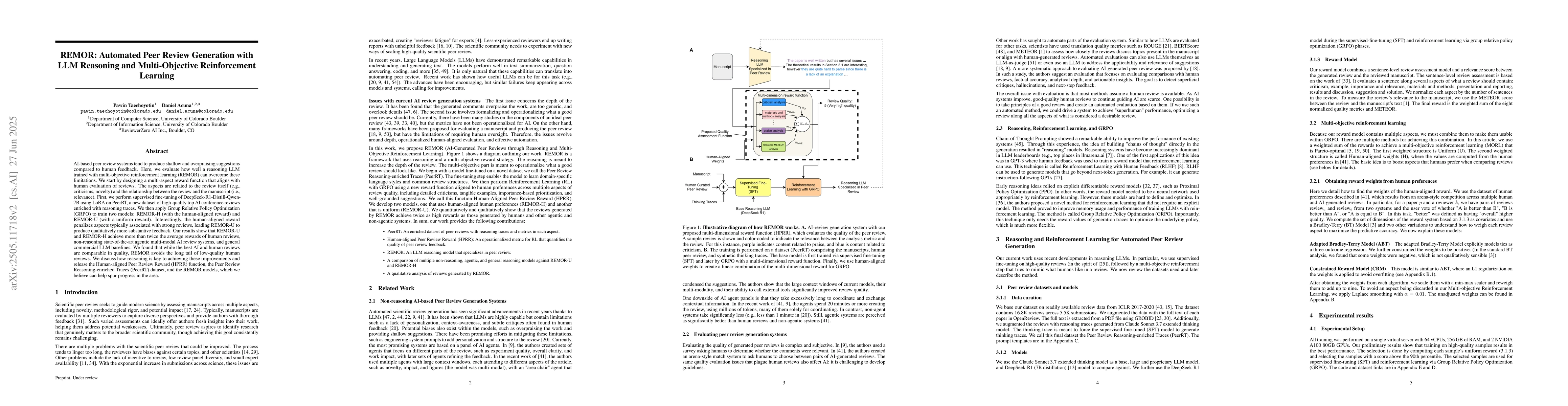 Thumbnail for REMOR: Automated Peer Review Generation with LLM Reasoning and
  Multi-Objective Reinforcement Learning