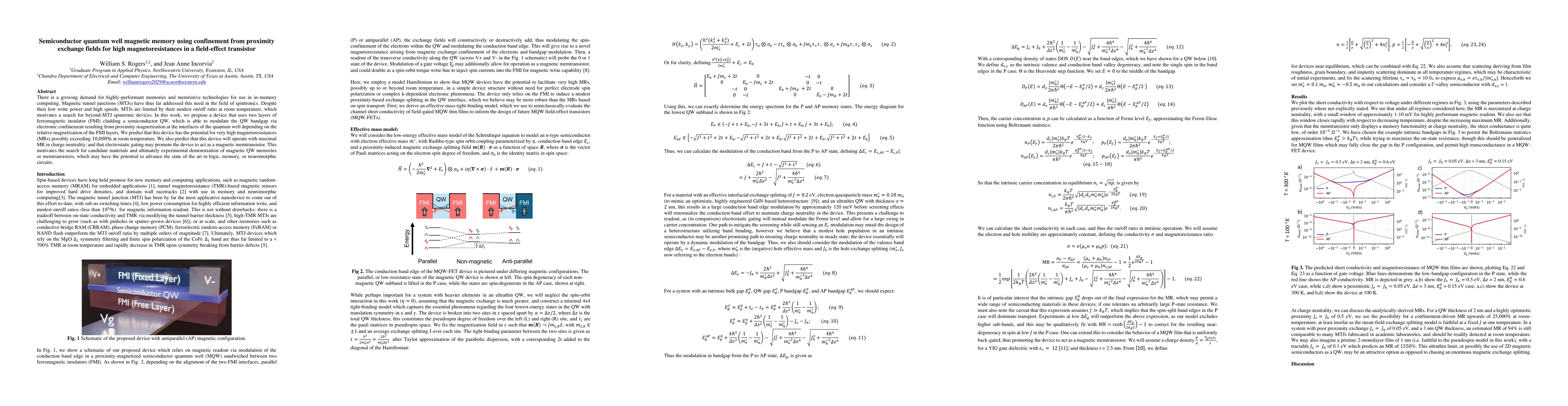 Thumbnail for Semiconductor quantum well magnetic memory using confinement from
  proximity exchange fields for high magnetoresistances in a field-effect
  transistor