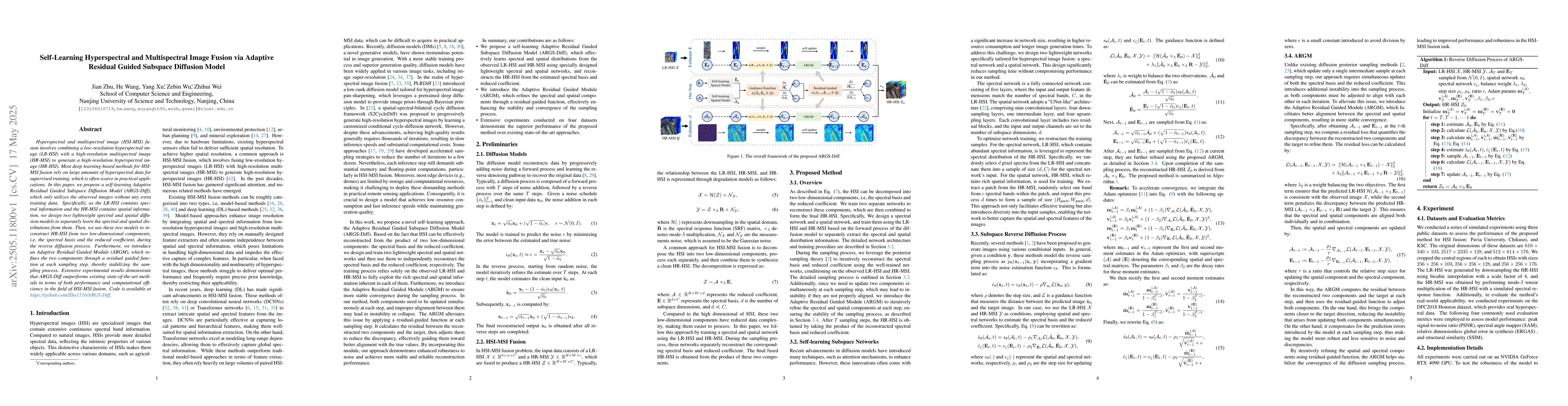 Thumbnail for Self-Learning Hyperspectral and Multispectral Image Fusion via Adaptive
  Residual Guided Subspace Diffusion Model