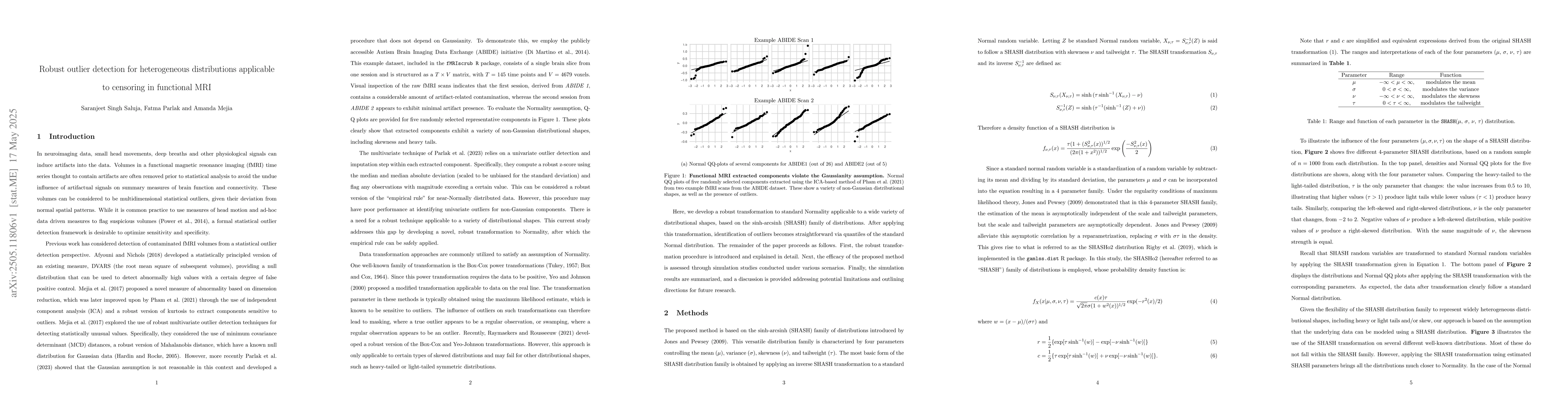 Thumbnail for Robust outlier detection for heterogeneous distributions applicable to
  censoring in functional MRI