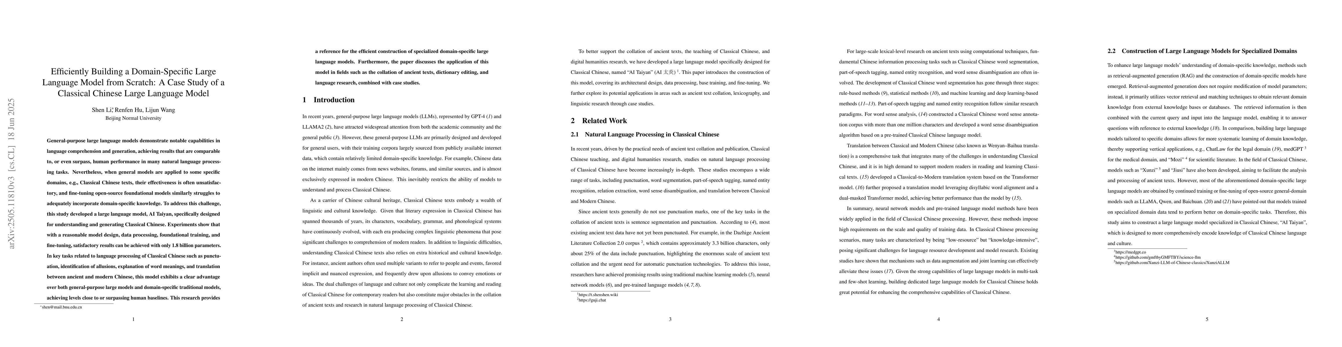 Thumbnail for Efficiently Building a Domain-Specific Large Language Model from
  Scratch: A Case Study of a Classical Chinese Large Language Model