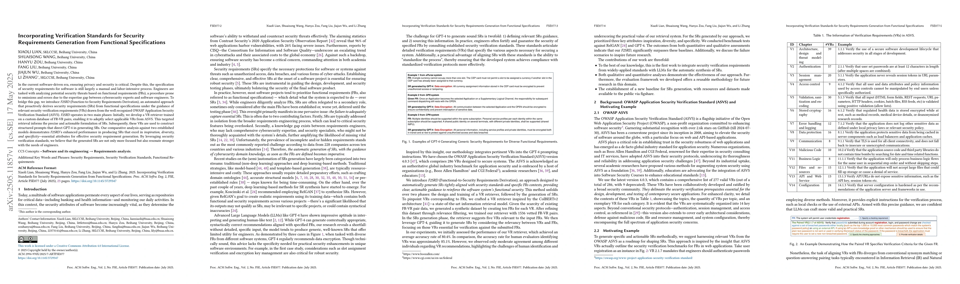 Thumbnail for Incorporating Verification Standards for Security Requirements
  Generation from Functional Specifications