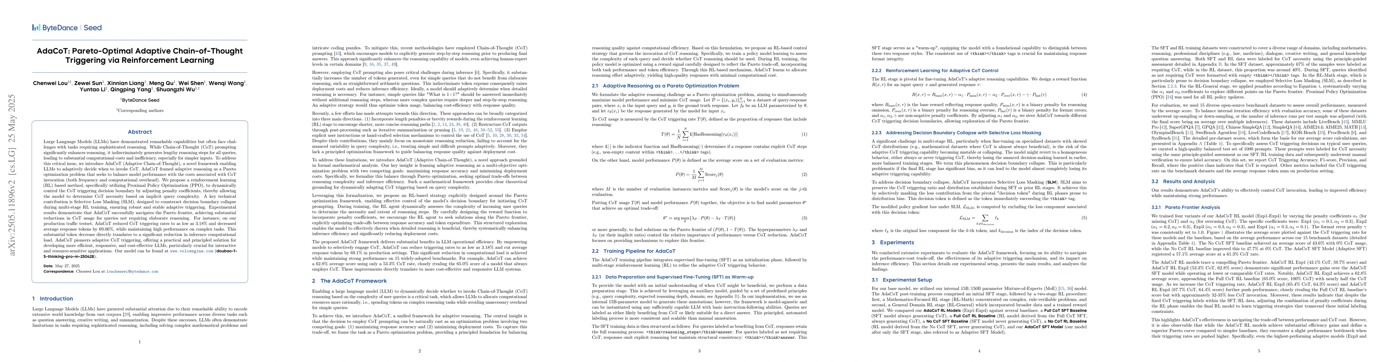 Thumbnail for AdaCoT: Pareto-Optimal Adaptive Chain-of-Thought Triggering via
  Reinforcement Learning