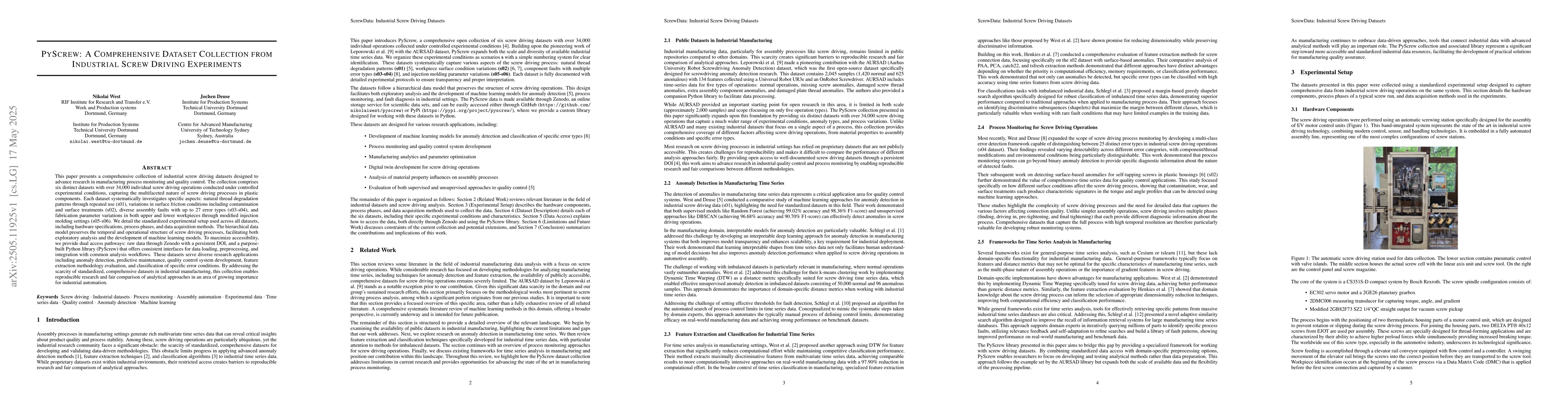 Thumbnail for PyScrew: A Comprehensive Dataset Collection from Industrial Screw
  Driving Experiments