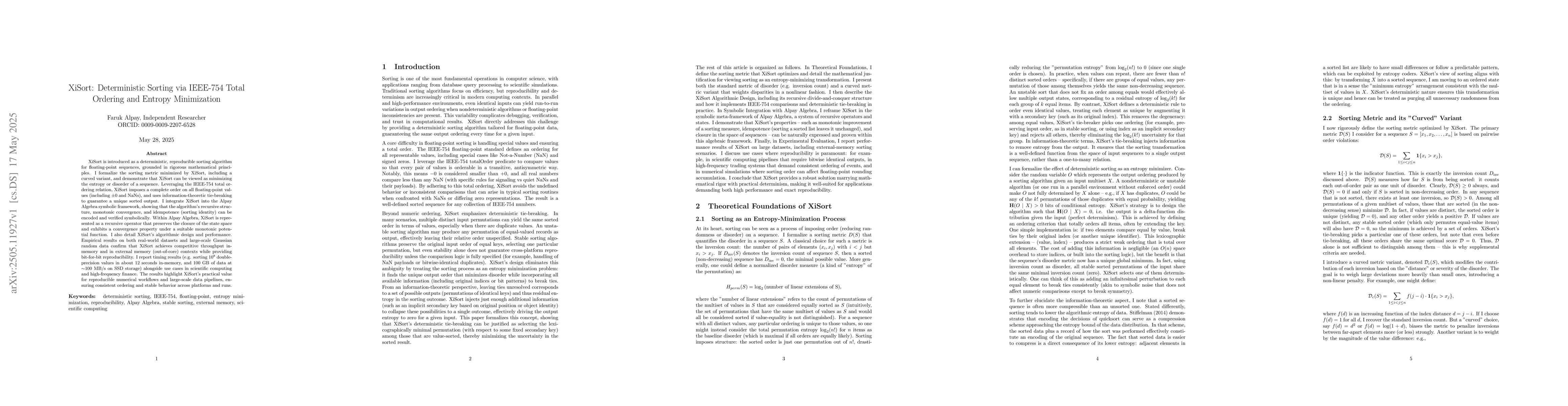 Thumbnail for XiSort: Deterministic Sorting via IEEE-754 Total Ordering and Entropy
  Minimization